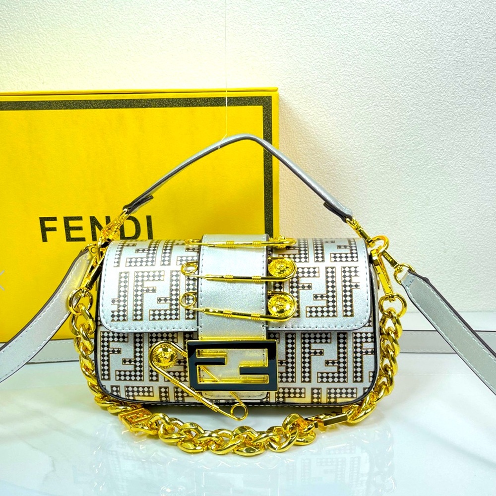 FENDI Zucca Baguette Shoulder Bag Crossbody Bag Blue w/ Gold Chains Authentic